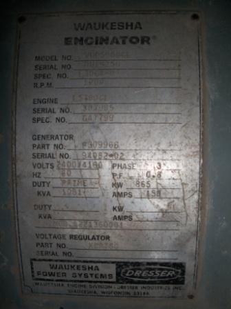 865 KW 4160V 1200 RPM Waukesha