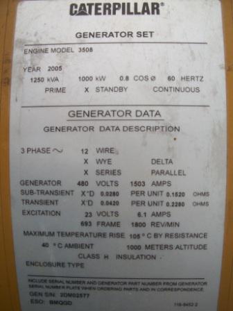 1000 KW 1800RPM 480V Caterpillar SR4-B