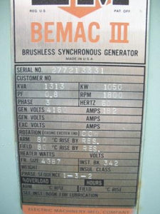 1050 KW 1800RPM 4160V Bemac 3